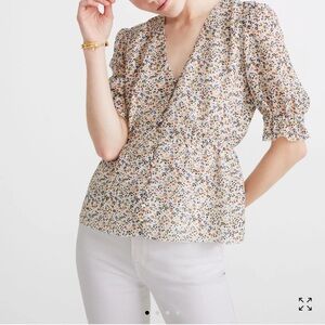 Madewell V-Neck Peplum Popover Off-White Floral Top 100% Silk Size XXS